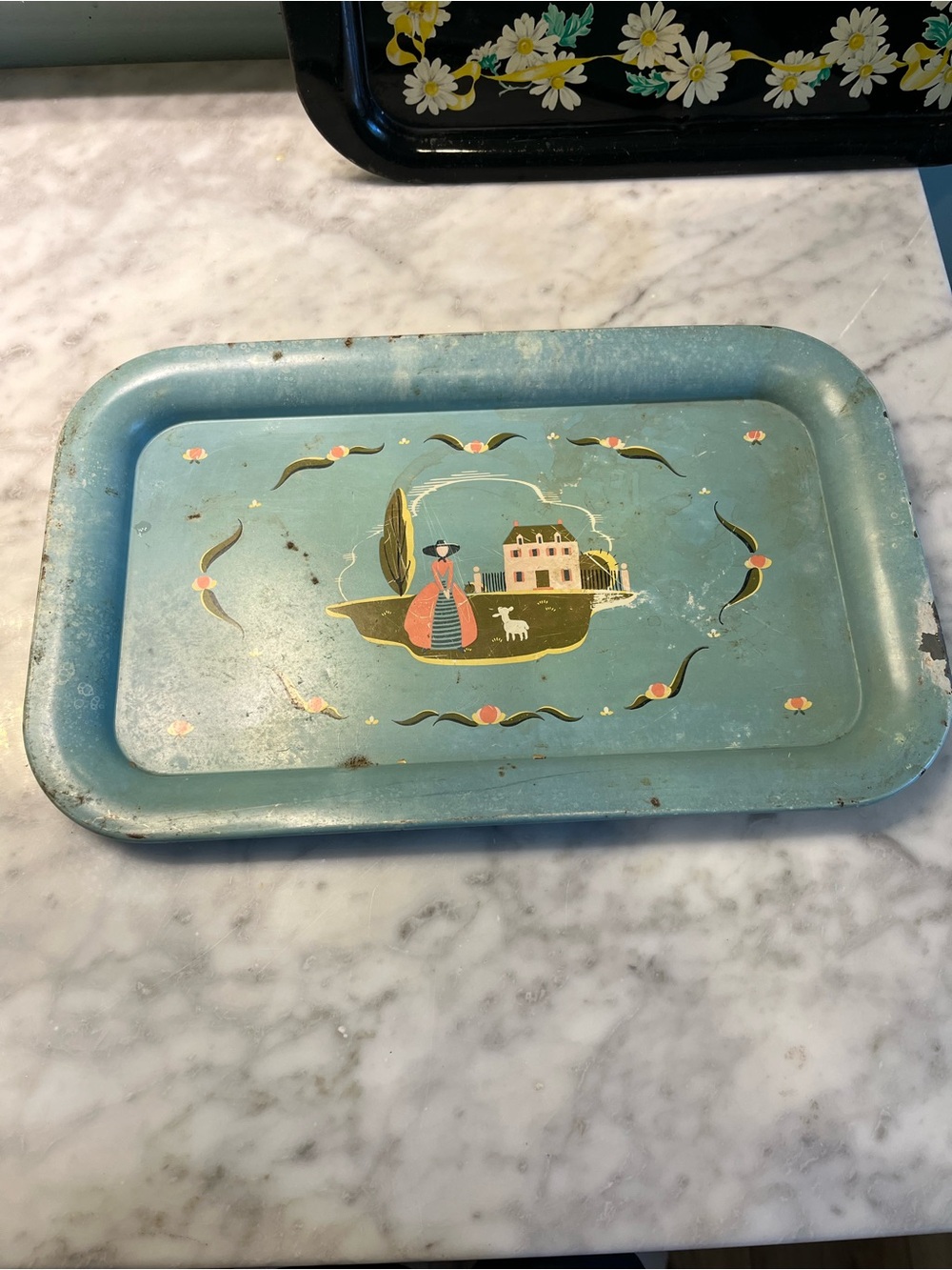 Blue Decorative Metal Vanity Tray with Pastoral Motif